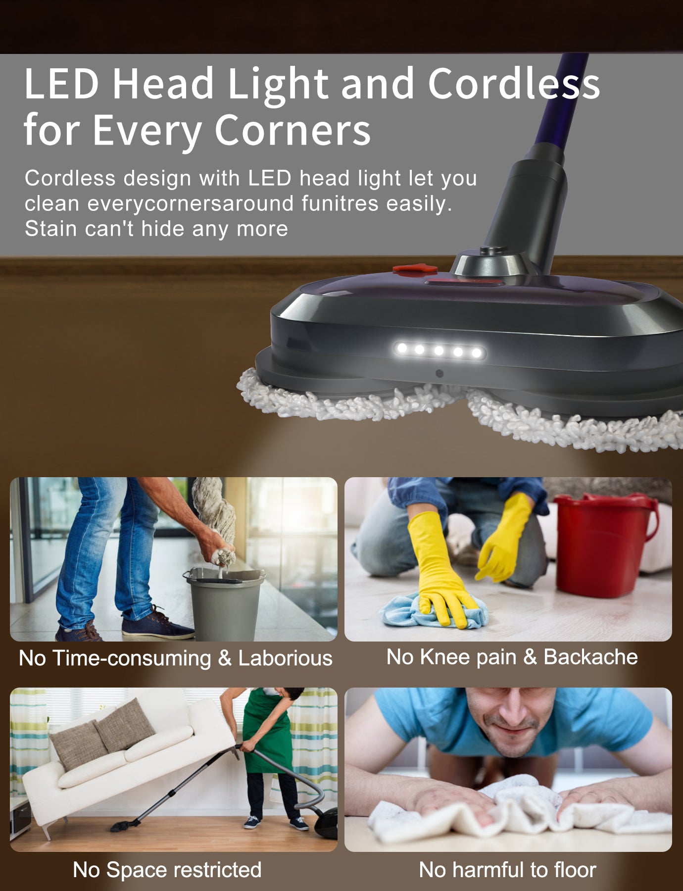 Cordless Electric Mop, Floor Cleaner with LED Headlight & Water Sprayer, Up  to 60 mins Detachable Battery, Dual-Motor Powerful Spin Mop with 300ML